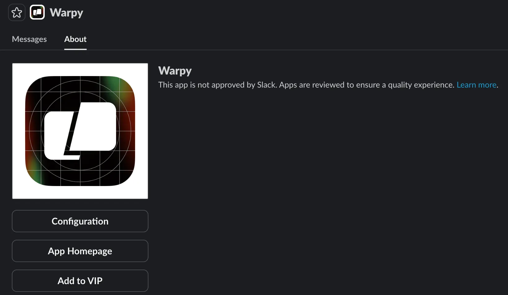 The Warp Slackbot in a Slack workspace.